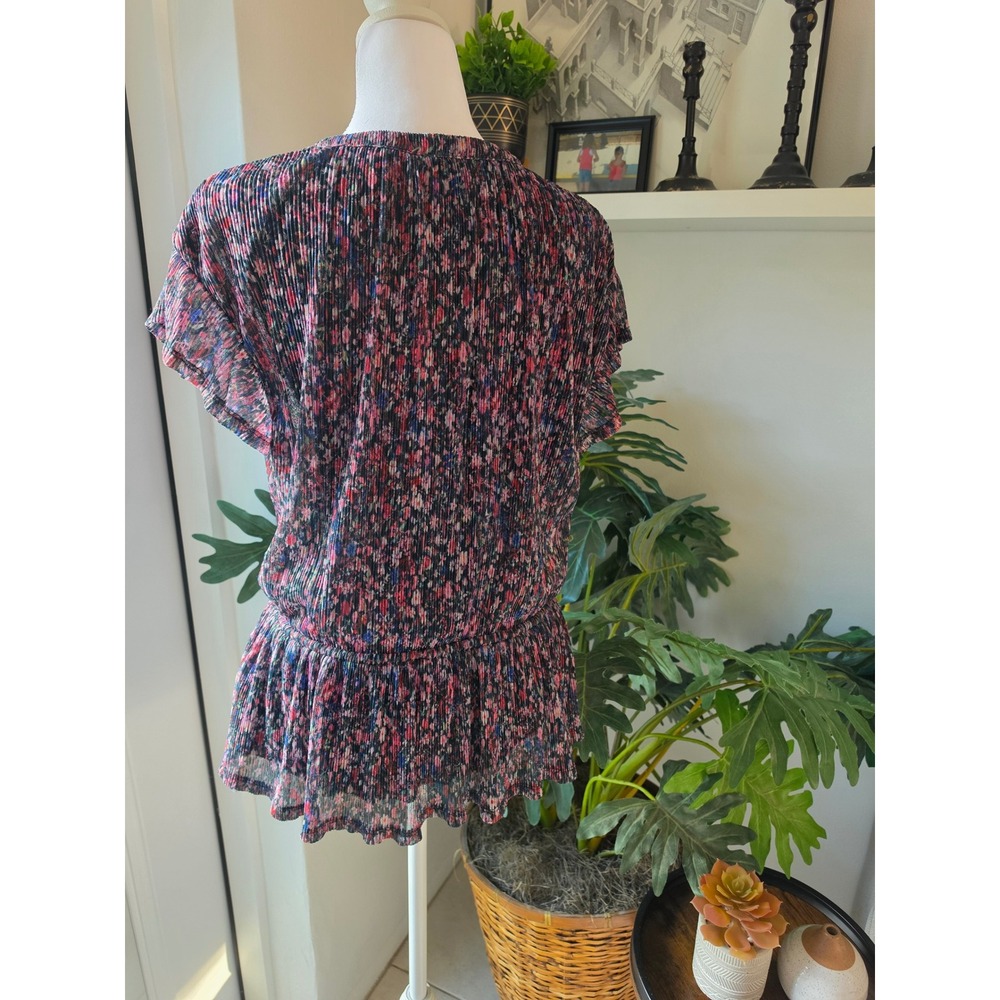 Anthropologie Dionne Metallic Floral Pleated Peplum Blouse Size M Faux Wrap - Picture 3 of 8